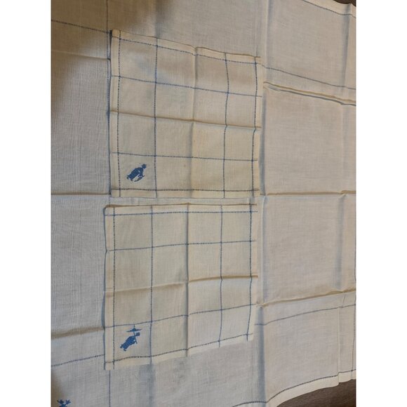 Vintage Ivory Linen Napkin Set With Blue Embroidered Peasant Design card table t - Picture 4 of 8